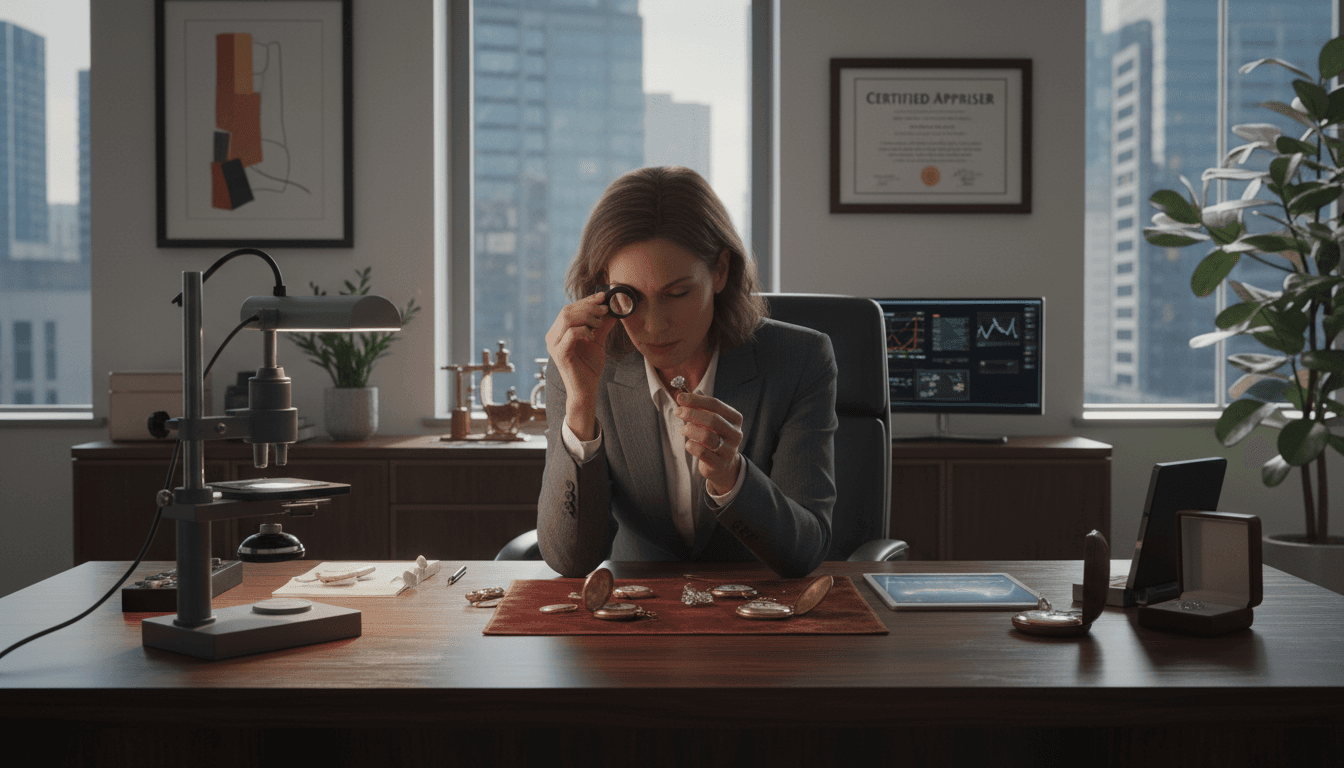 Professional valuation expert inspecting a luxury asset with precision instruments