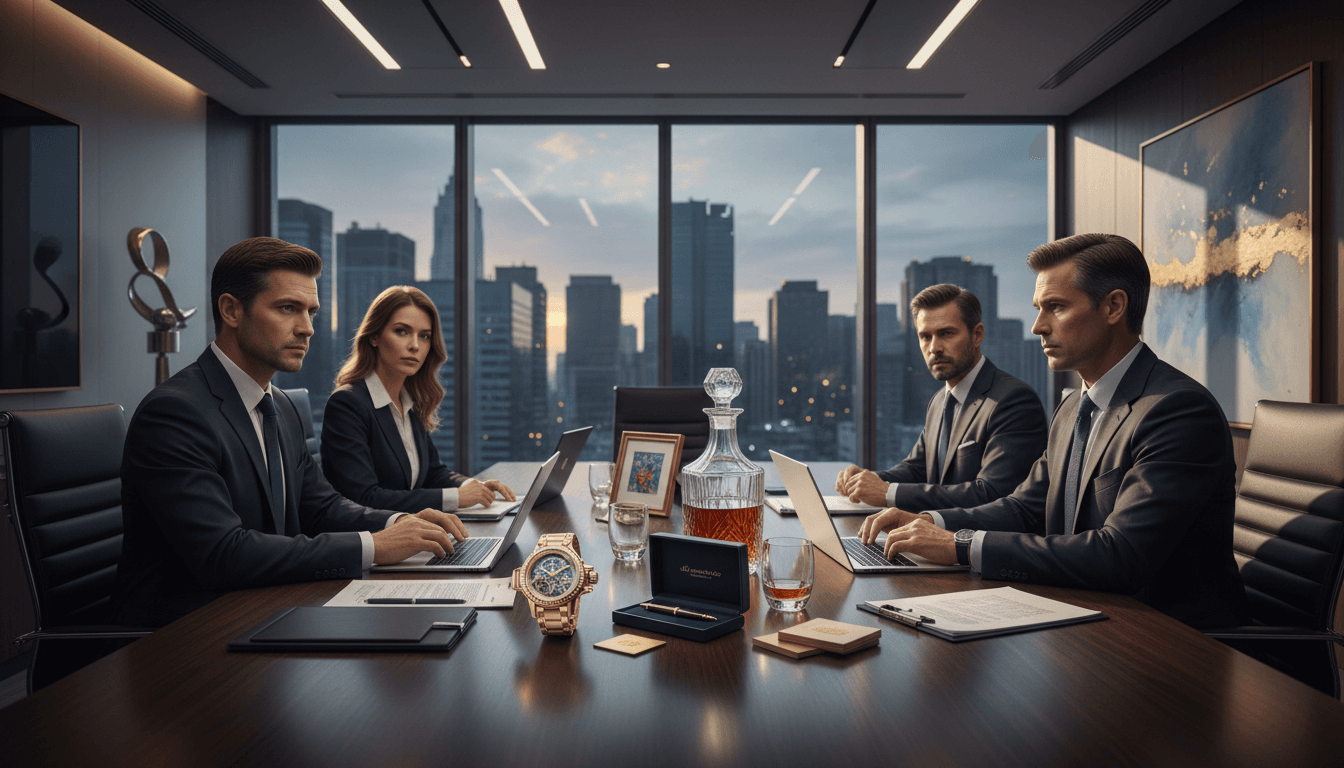 Professional business meeting discussing high-value assets in a modern office environment