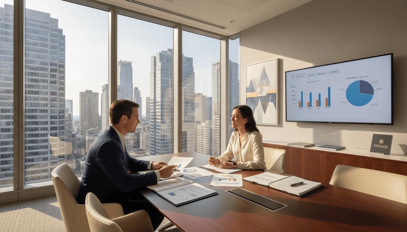 Professional discussing high-value asset valuations in a modern, minimalist office environment
