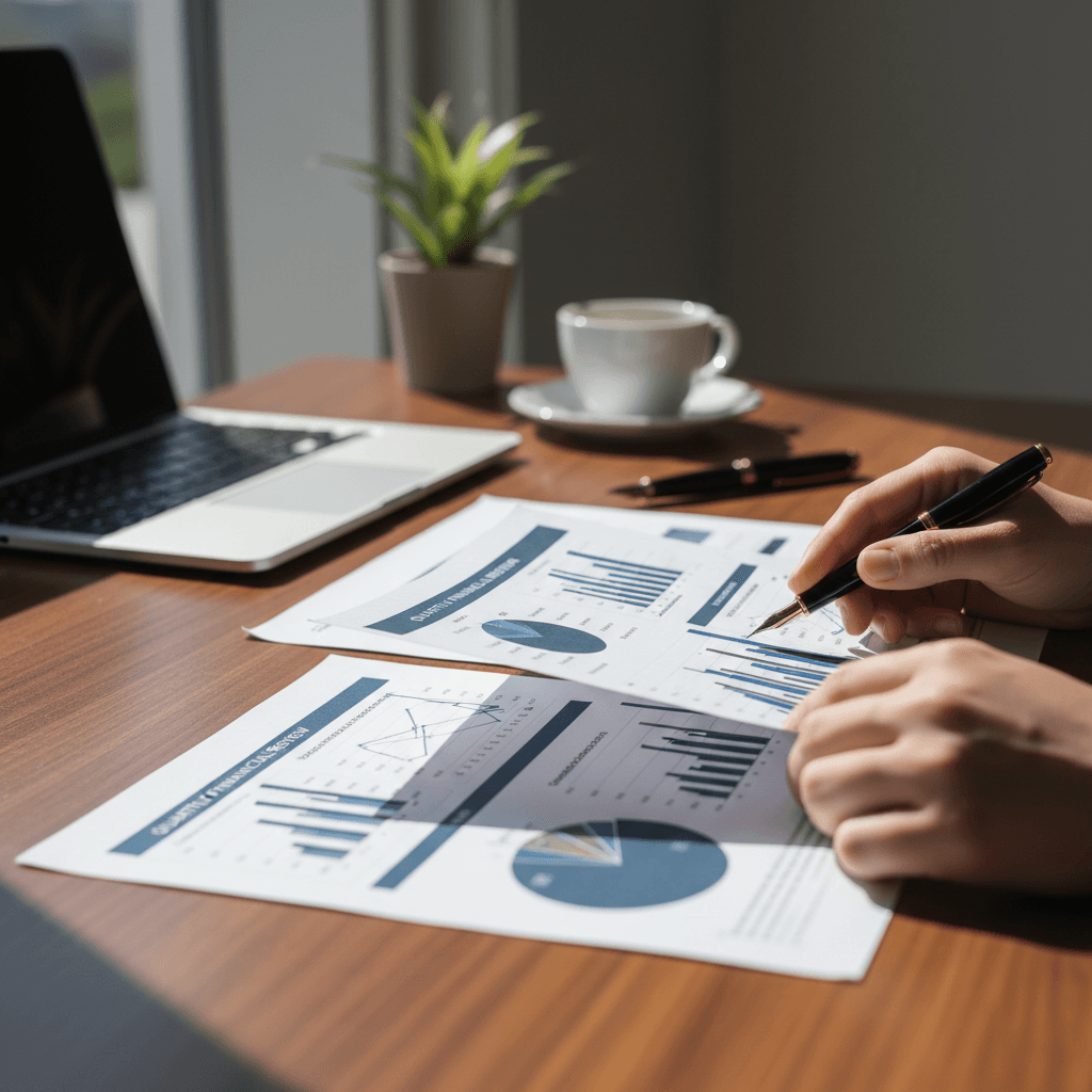 Professional reviewing detailed asset documentation at a modern workspace
